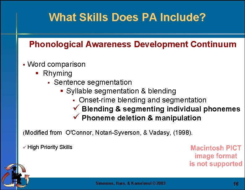 What Skills Does PA Include? Phonological Awareness Development Continuum § Word comparison § Rhyming