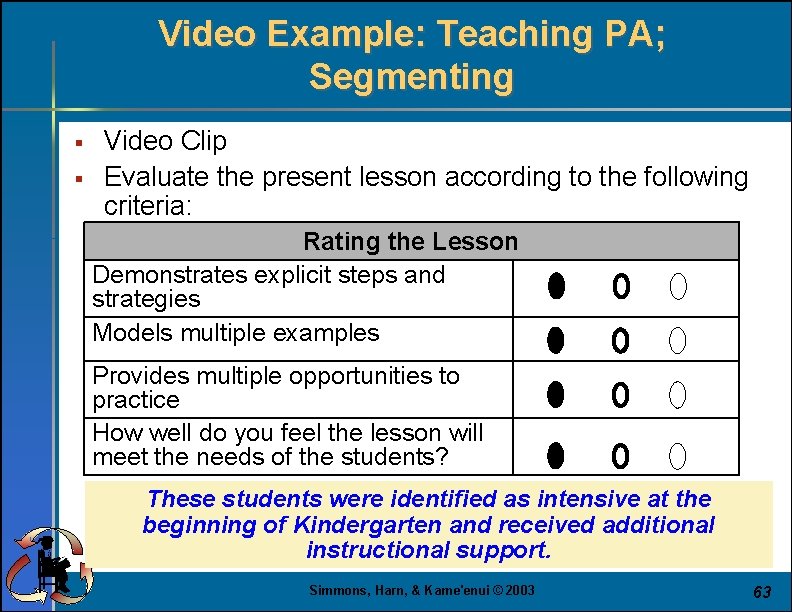 Video Example: Teaching PA; Segmenting § § Video Clip Evaluate the present lesson according