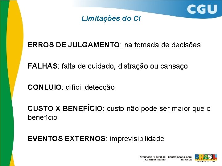 Limitações do CI ERROS DE JULGAMENTO: na tomada de decisões FALHAS: falta de cuidado,