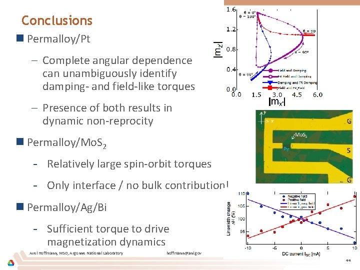 Conclusions n Permalloy/Pt – Complete angular dependence can unambiguously identify damping- and field-like torques