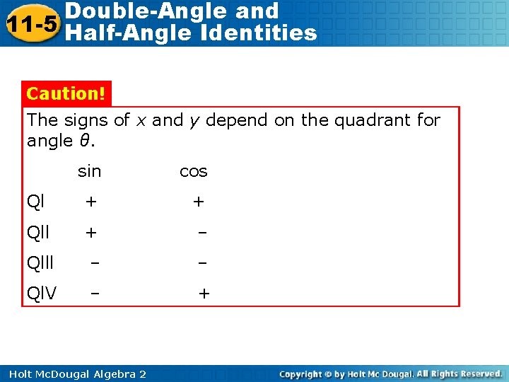 Double-Angle and 11 -5 Half-Angle Identities Caution! The signs of x and y depend