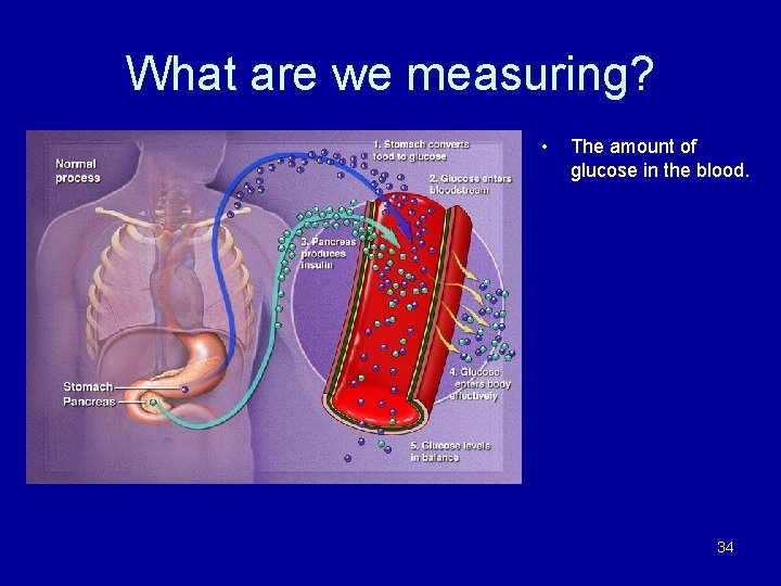 What are we measuring? • The amount of glucose in the blood. 34 