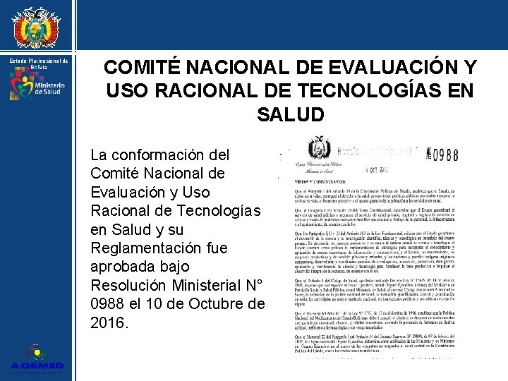 Estado Plurinacional de Bolivia COMITÉ NACIONAL DE EVALUACIÓN Y USO RACIONAL DE TECNOLOGÍAS EN