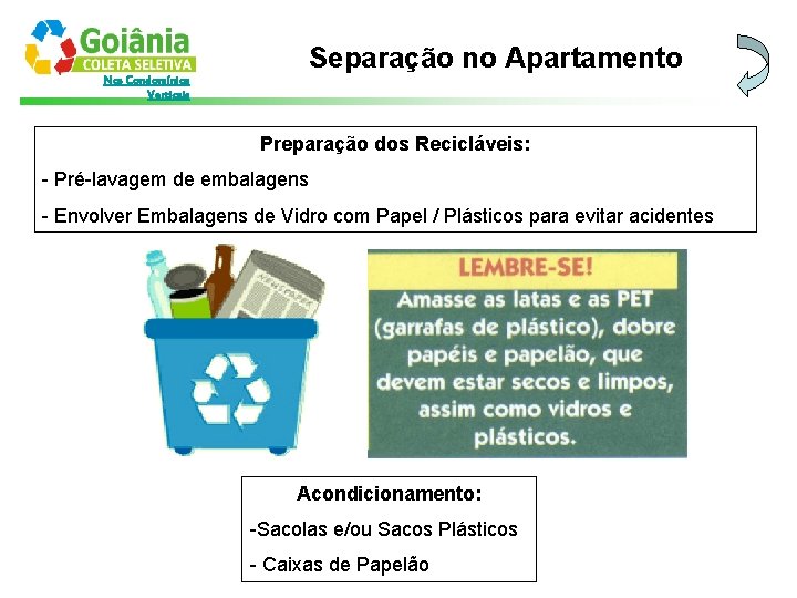 Nos Condomínios Verticais Separação no Apartamento Preparação dos Recicláveis: - Pré-lavagem de embalagens -