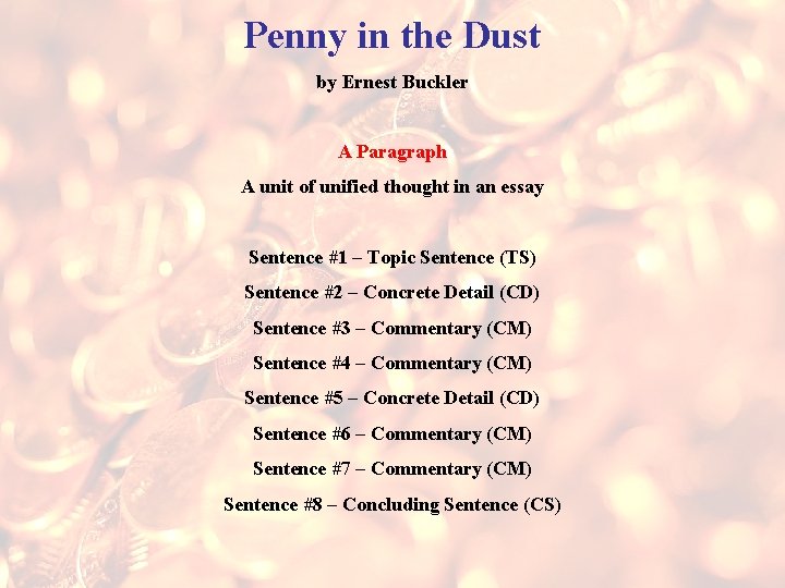 Penny in the Dust by Ernest Buckler A Paragraph A unit of unified thought