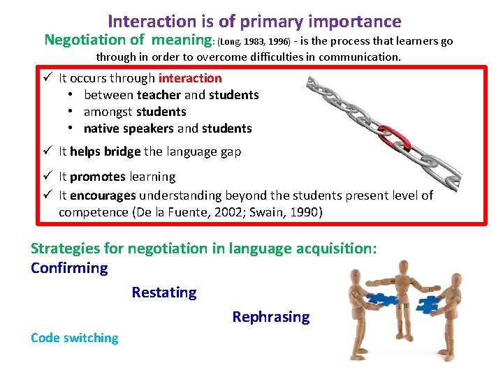 Interaction is of primary importance Negotiation of meaning: (Long, 1983, 1996) - is the