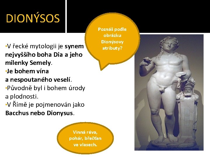 DIONÝSOS • V řecké mytologii je synem nejvyššího boha Dia a jeho milenky Semely.
