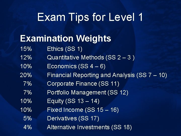 Exam Tips for Level 1 Examination Weights 15% 12% 10% 20% 7% 7% 10%