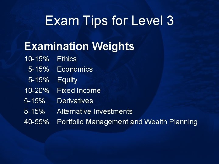 Exam Tips for Level 3 Examination Weights 10 -15% 5 -15% 10 -20% 5