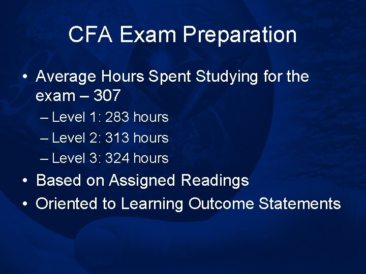 CFA Exam Preparation • Average Hours Spent Studying for the exam – 307 –