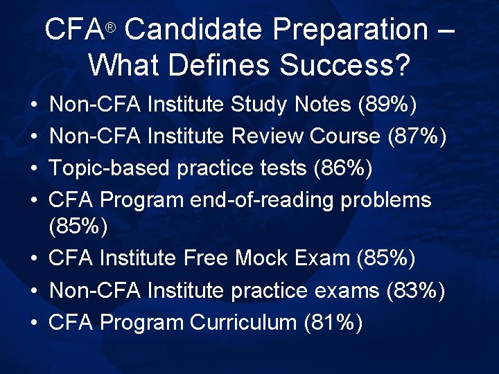 CFA® Candidate Preparation – What Defines Success? • • Non-CFA Institute Study Notes (89%)