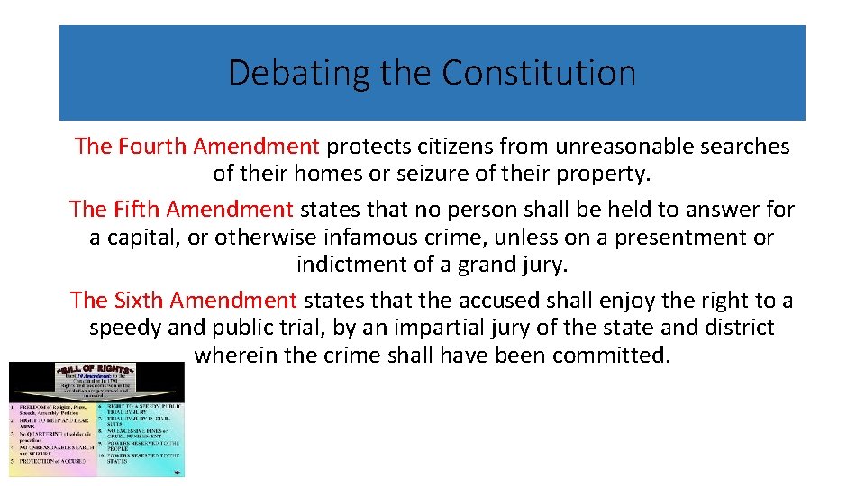 Debating the Constitution The Fourth Amendment protects citizens from unreasonable searches of their homes