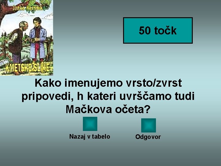 50 točk Kako imenujemo vrsto/zvrst pripovedi, h kateri uvrščamo tudi Mačkova očeta? Nazaj v