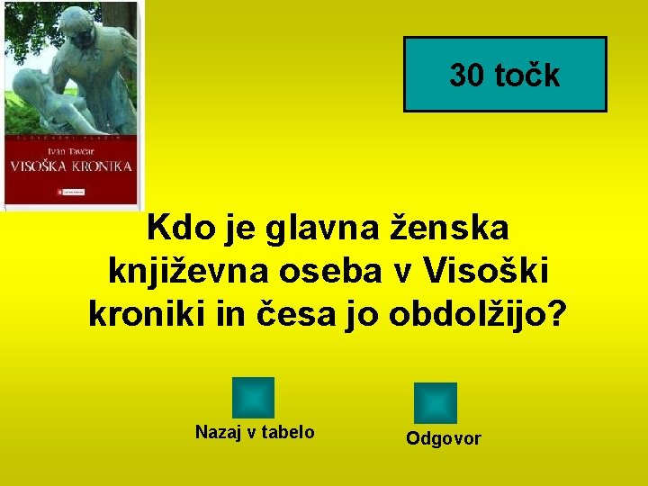 30 točk Kdo je glavna ženska književna oseba v Visoški kroniki in česa jo