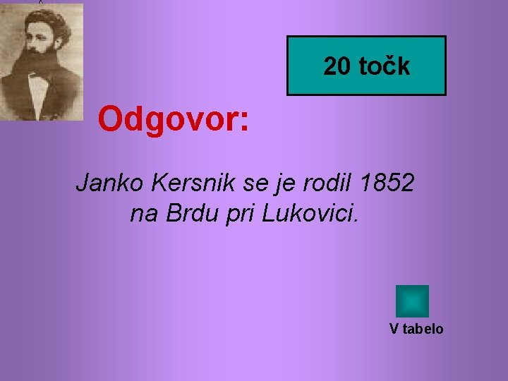 20 točk Odgovor: Janko Kersnik se je rodil 1852 na Brdu pri Lukovici. V