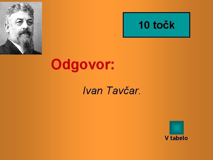 10 točk Odgovor: Ivan Tavčar. V tabelo 