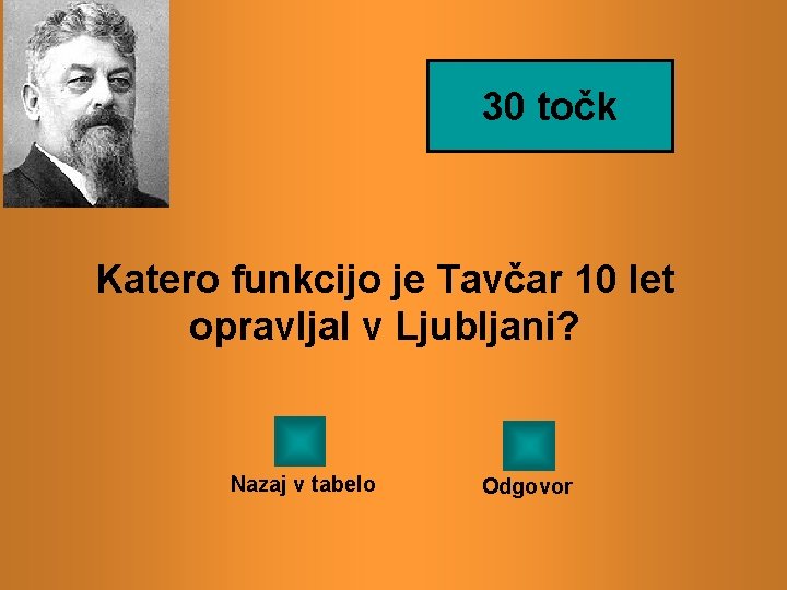 30 točk Katero funkcijo je Tavčar 10 let opravljal v Ljubljani? Nazaj v tabelo