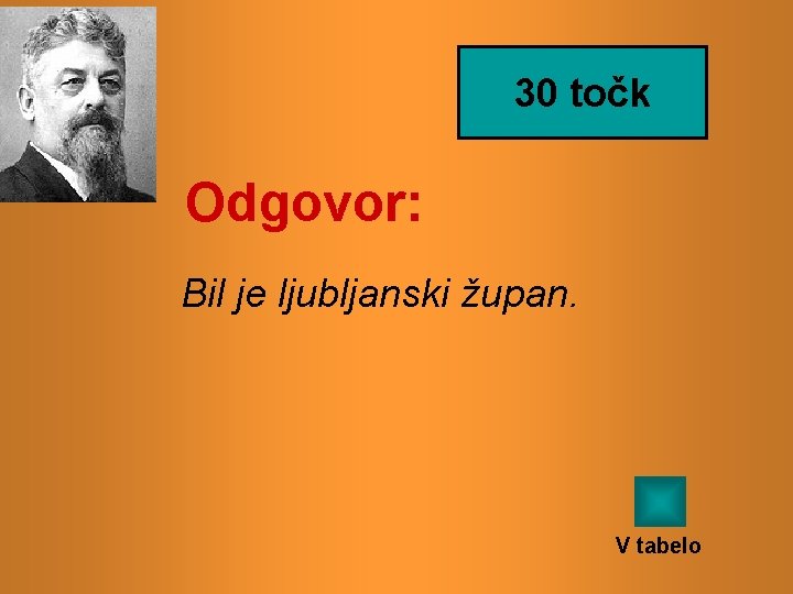 30 točk Odgovor: Bil je ljubljanski župan. V tabelo 