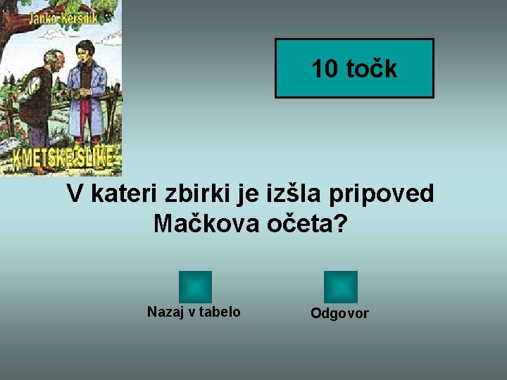 10 točk V kateri zbirki je izšla pripoved Mačkova očeta? Nazaj v tabelo Odgovor