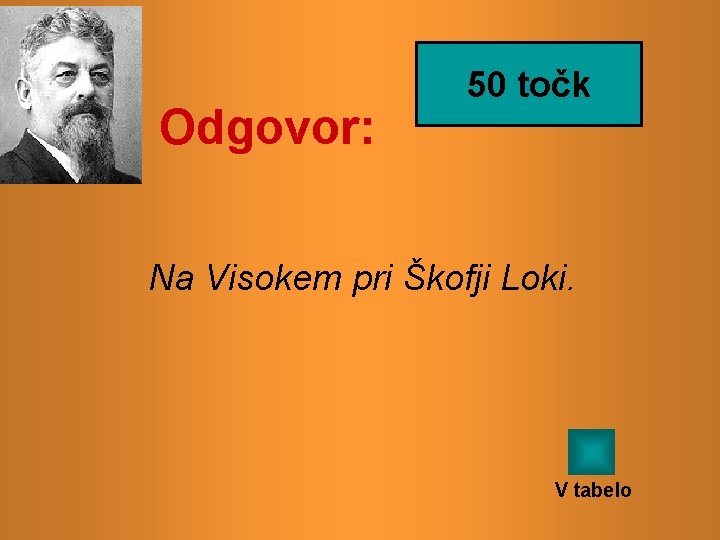 Odgovor: 50 točk Na Visokem pri Škofji Loki. V tabelo 