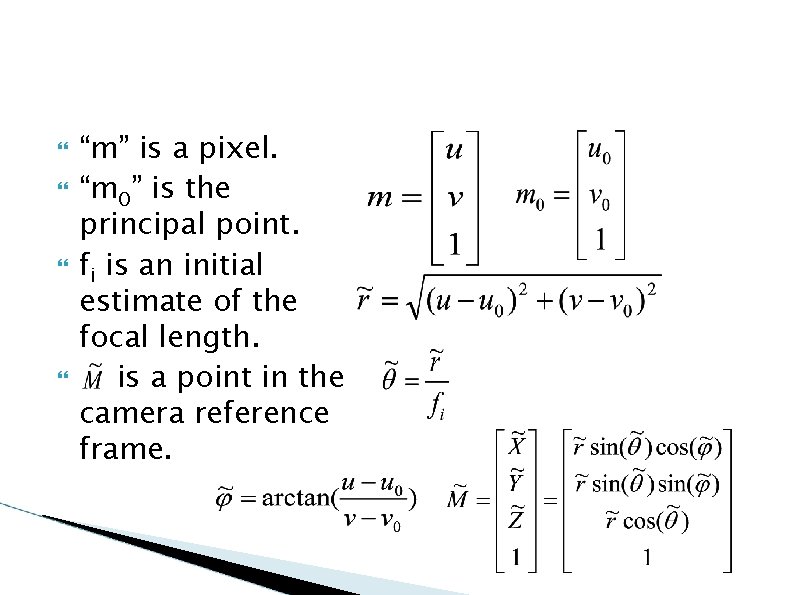  “m” is a pixel. “m 0” is the principal point. fi is an