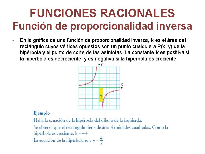 FUNCIONES RACIONALES Función de proporcionalidad inversa • En la gráfica de una función de