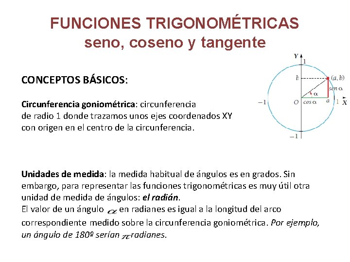 FUNCIONES TRIGONOMÉTRICAS seno, coseno y tangente CONCEPTOS BÁSICOS: Circunferencia goniométrica: circunferencia de radio 1