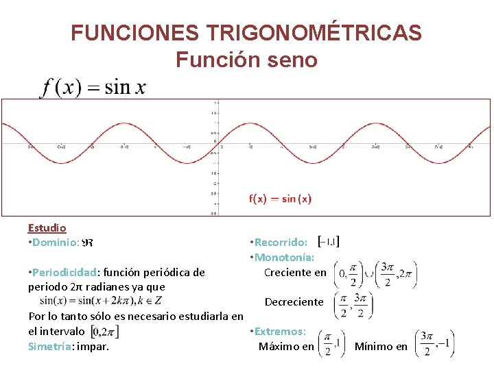 FUNCIONES TRIGONOMÉTRICAS Función seno Estudio • Dominio: • Periodicidad: función periódica de periodo 2π