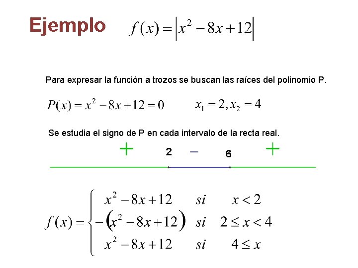 Ejemplo Para expresar la función a trozos se buscan las raíces del polinomio P.