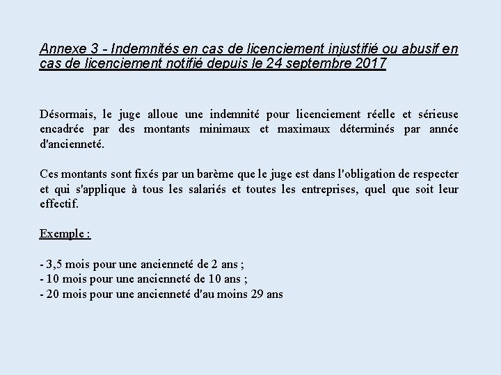 Annexe 3 - Indemnités en cas de licenciement injustifié ou abusif en cas de