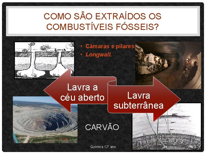 COMO SÃO EXTRAÍDOS OS COMBUSTÍVEIS FÓSSEIS? • Câmaras e pilares; • Longwall. Lavra a