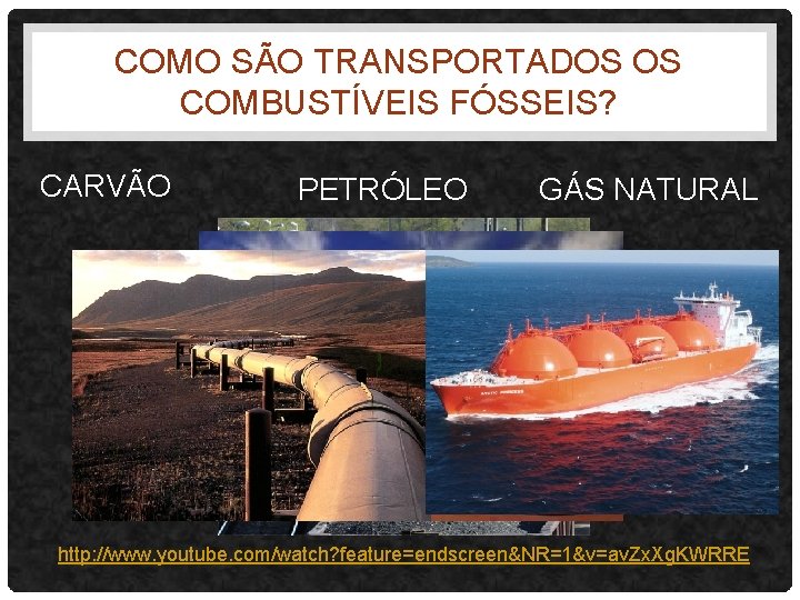 COMO SÃO TRANSPORTADOS OS COMBUSTÍVEIS FÓSSEIS? CARVÃO PETRÓLEO GÁS NATURAL http: //www. youtube. com/watch?