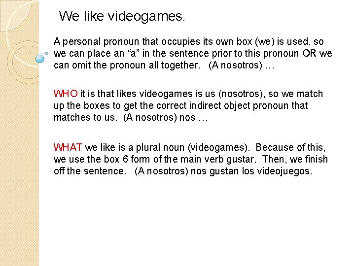 We like videogames. A personal pronoun that occupies its own box (we) is used,