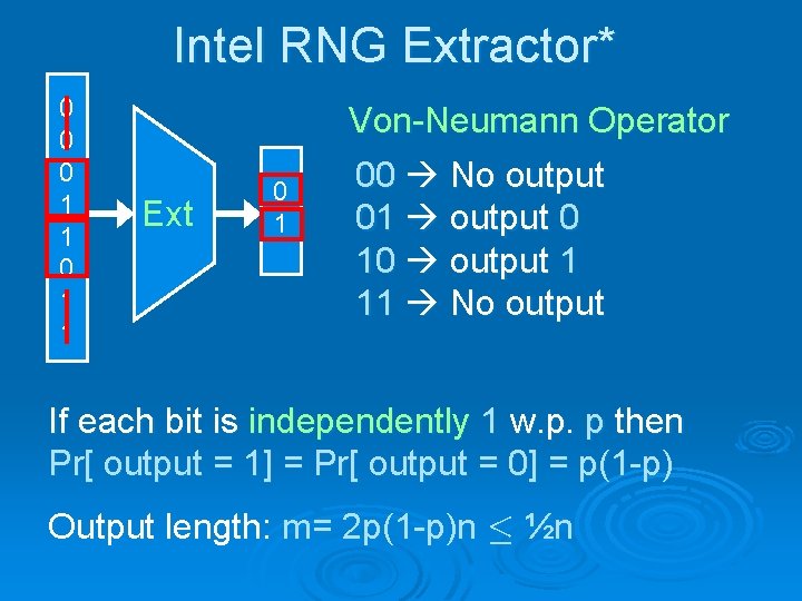 Intel RNG Extractor* 0 0 0 1 1 Ext 0 1 Von-Neumann Operator 00