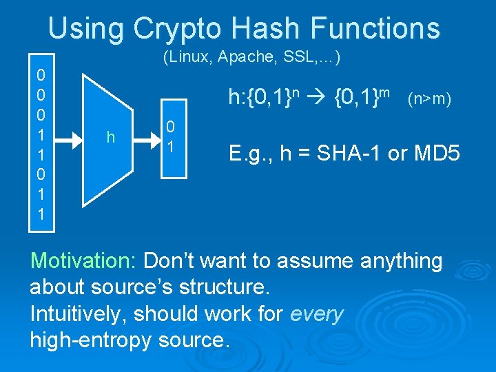 Using Crypto Hash Functions 0 0 0 1 1 (Linux, Apache, SSL, …) h: