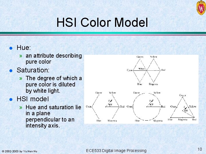 HSI Color Model l Hue: » an attribute describing pure color l Saturation: »