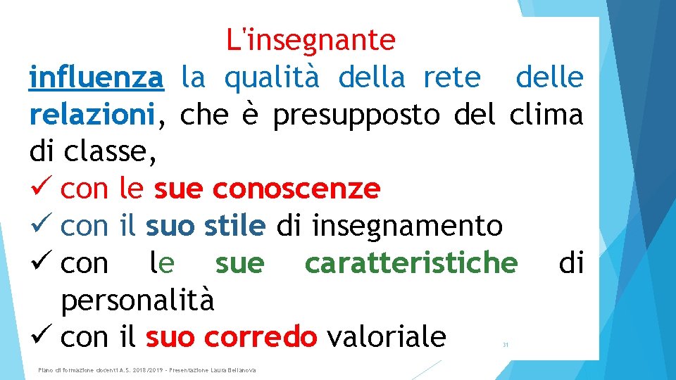 L'insegnante influenza la qualità della rete delle relazioni, che è presupposto del clima di