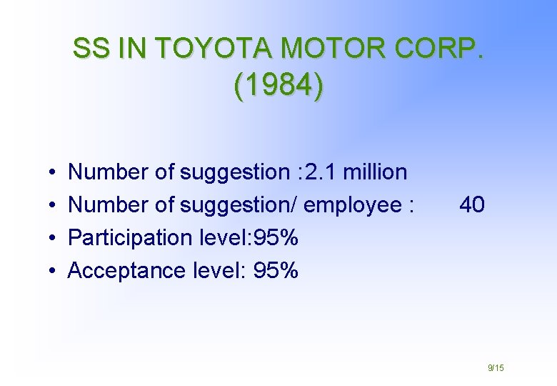 SS IN TOYOTA MOTOR CORP. (1984) • • Number of suggestion : 2. 1
