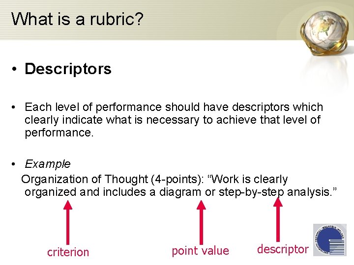 What is a rubric? • Descriptors • Each level of performance should have descriptors