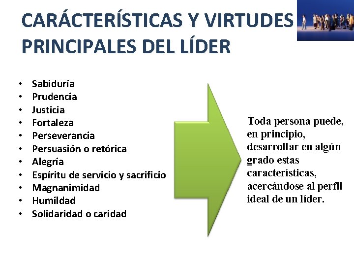 CARÁCTERÍSTICAS Y VIRTUDES PRINCIPALES DEL LÍDER • • • Sabiduría Prudencia Justicia Fortaleza Perseverancia