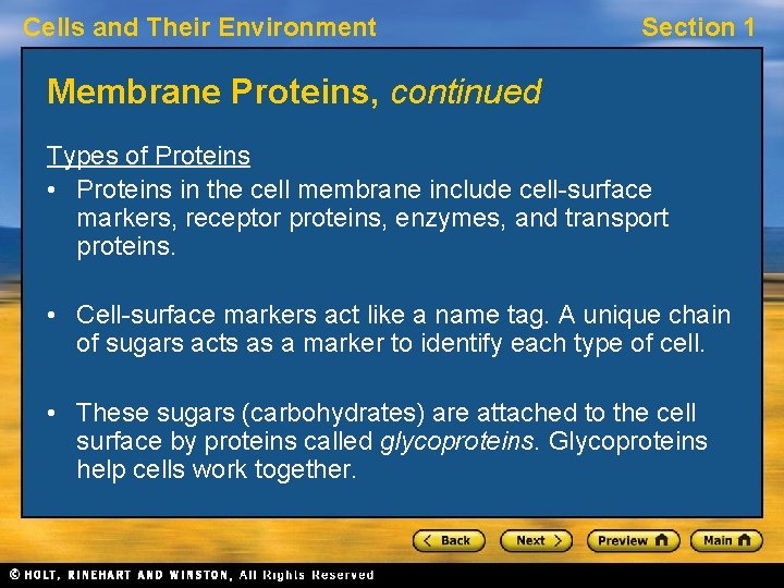 Cells and Their Environment Section 1 Membrane Proteins, continued Types of Proteins • Proteins