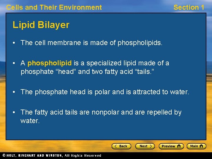 Cells and Their Environment Section 1 Lipid Bilayer • The cell membrane is made