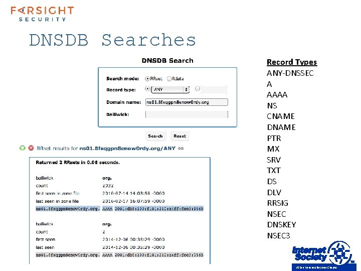 DNSDB Searches Record Types ANY-DNSSEC A AAAA NS CNAME DNAME PTR MX SRV TXT