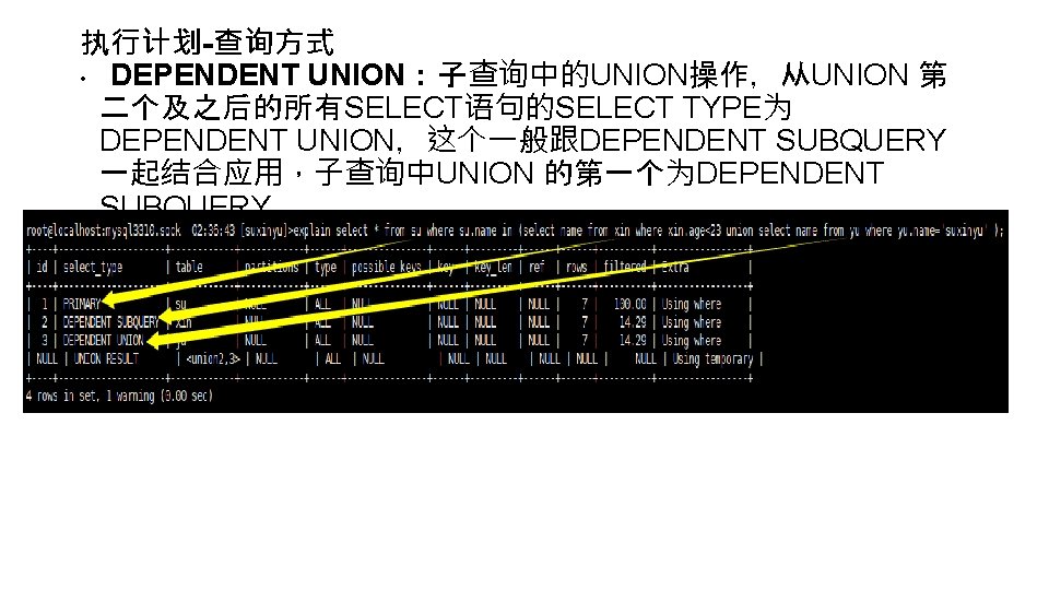 执行计划-查询方式 • DEPENDENT UNION：子查询中的UNION操作，从UNION 第 二个及之后的所有SELECT语句的SELECT TYPE为 DEPENDENT UNION，这个一般跟DEPENDENT SUBQUERY 一起结合应用，子查询中UNION 的第一个为DEPENDENT SUBQUERY。 