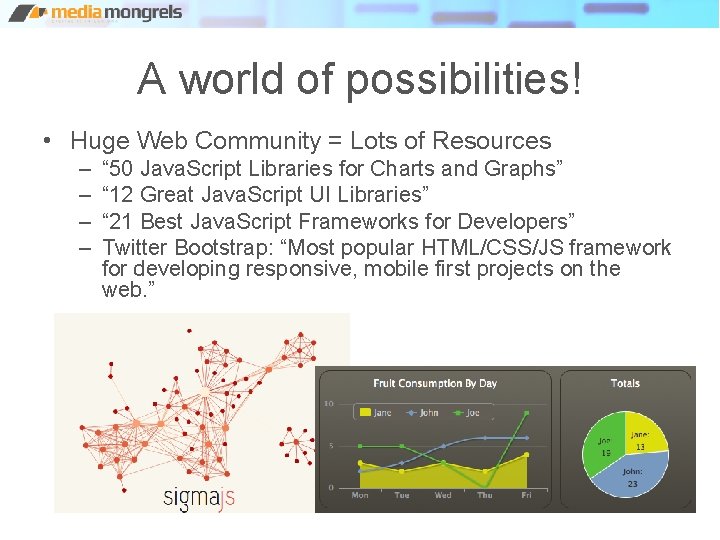 A world of possibilities! • Huge Web Community = Lots of Resources – –
