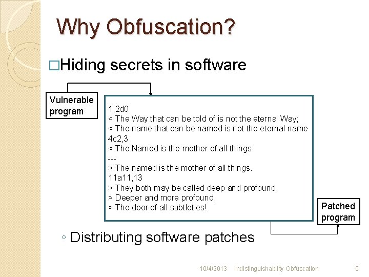 Why Obfuscation? �Hiding secrets in software Vulnerable program 1, 2 d 0 < The