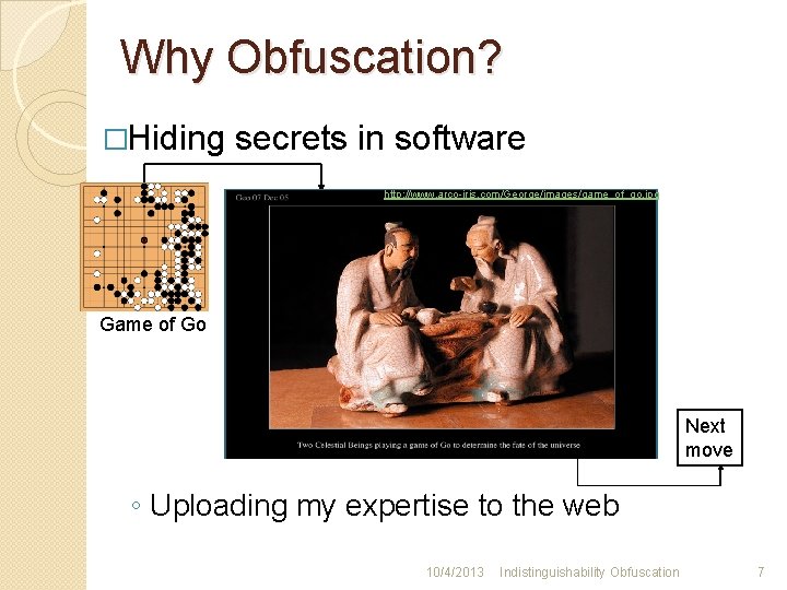 Why Obfuscation? �Hiding secrets in software http: //www. arco-iris. com/George/images/game_of_go. jpg Game of Go