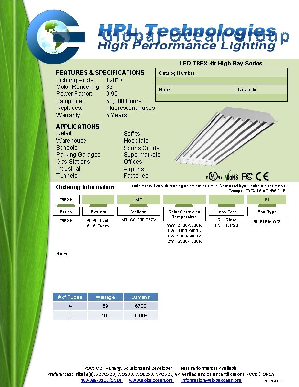 LED T 8 EX 4 ft High Bay Series Catalog Number FEATURES & SPECIFICATIONS