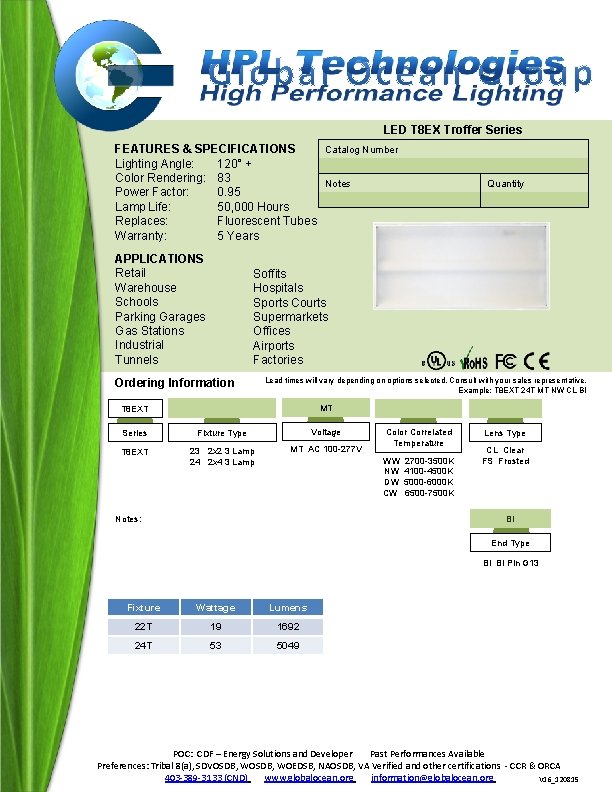 LED T 8 EX Troffer Series Catalog Number FEATURES & SPECIFICATIONS Lighting Angle: 120°