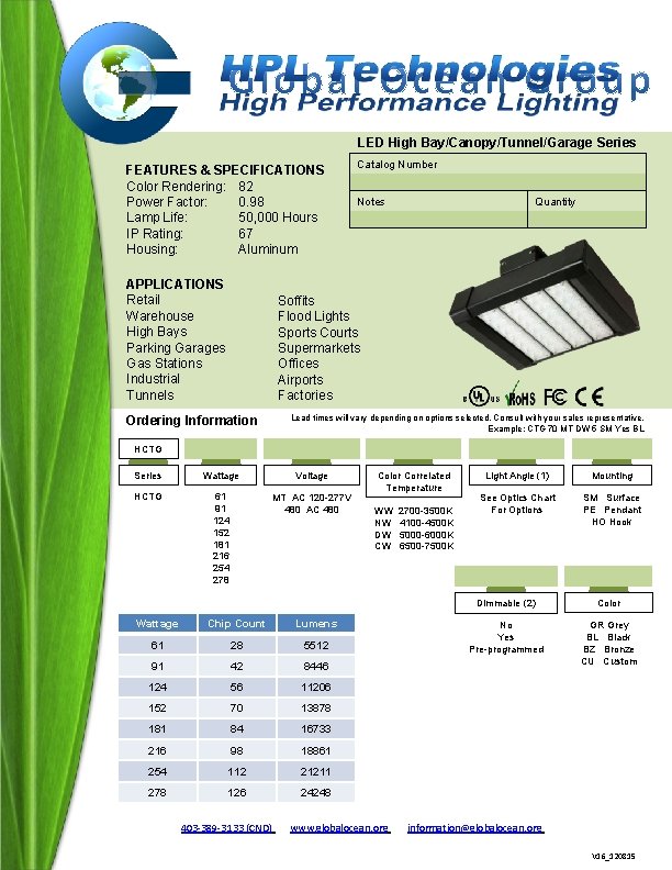 LED High Bay/Canopy/Tunnel/Garage Series FEATURES & SPECIFICATIONS Color Rendering: 82 Power Factor: 0. 98